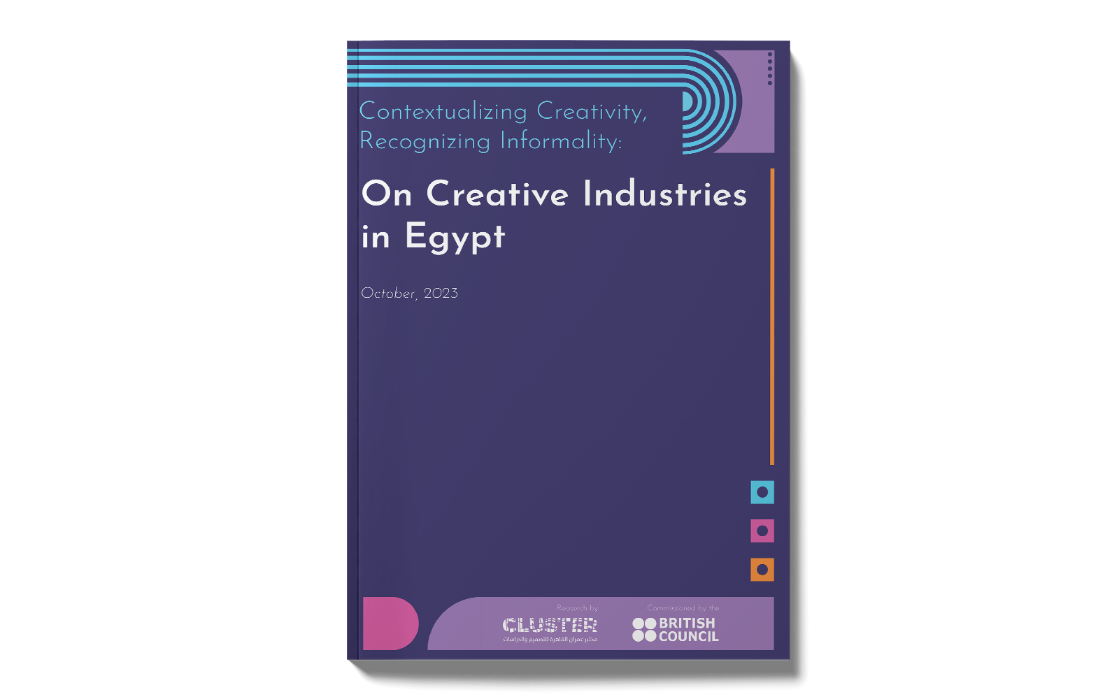 creative industries, research, purple book mockup, illustrations
